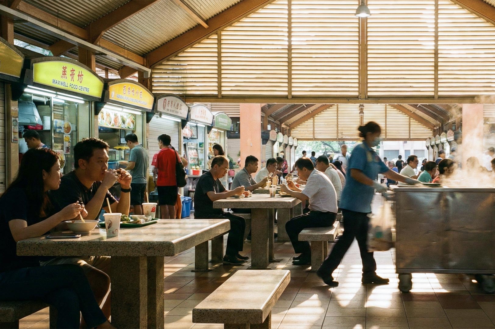 Locals and tourists dining at stone tables inside the famous Maxwell Food Centre in Singapore during the day, with sunlight streaming through the ventilation slats.