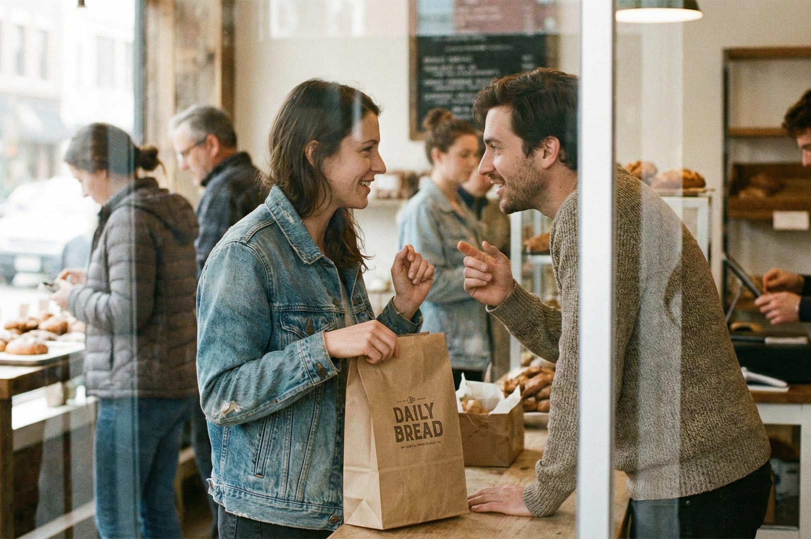 A smiling man and woman conversing inside a bakery viewed through a glass window, with the woman holding a brown paper bag labeled "Daily Bread."