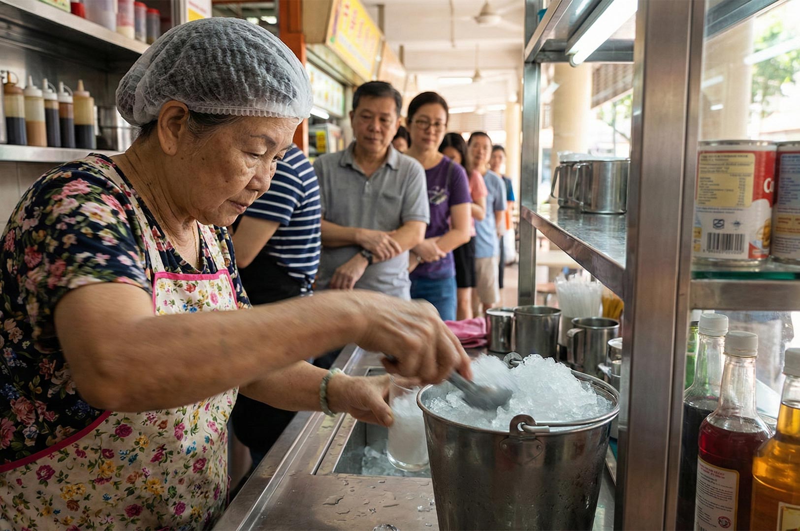 A stall owner wearing a floral apron scoops ice into a glass at a traditional coffee shop (kopitiam) while customers queue in the background.