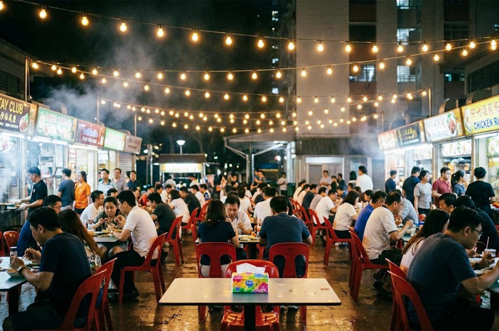 A busy outdoor hawker center at night illuminated by festive string lights, filled with people eating at tables with red plastic chairs.