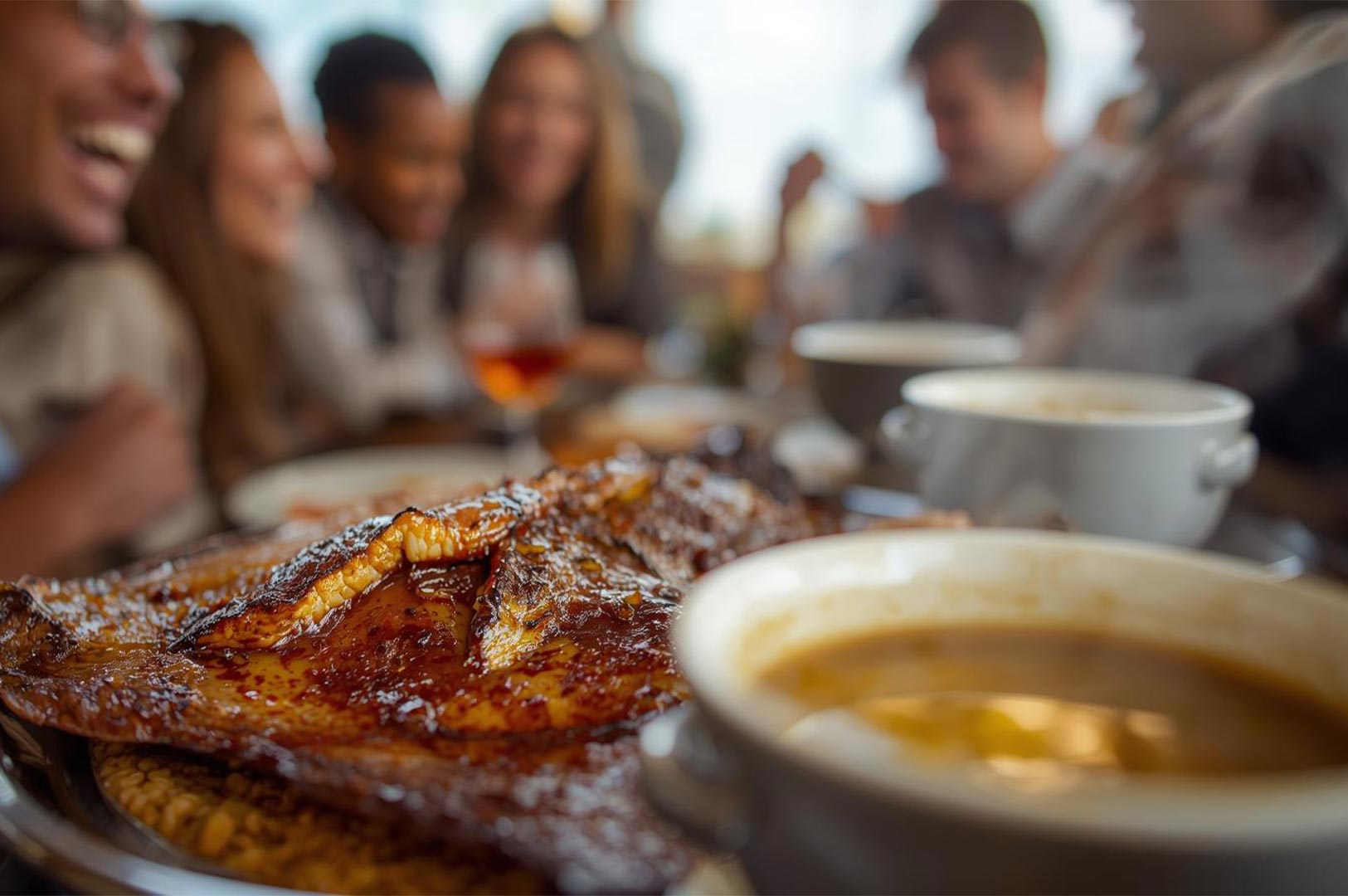 Close-up of grilled sambal stingray served on a banana leaf, with a blurred background of a diverse group of friends laughing and enjoying a meal together.