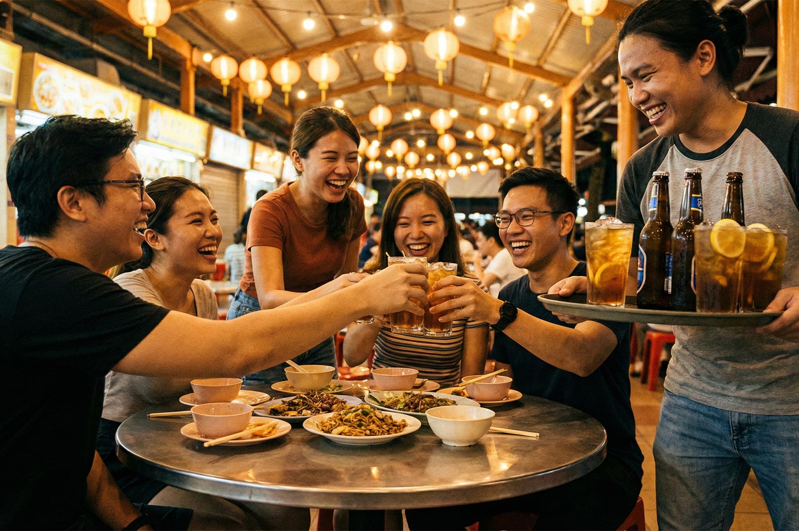 A group of young friends laughing and toasting glasses of beer and tea while a waiter serves drinks at an open-air hawker center dinner.