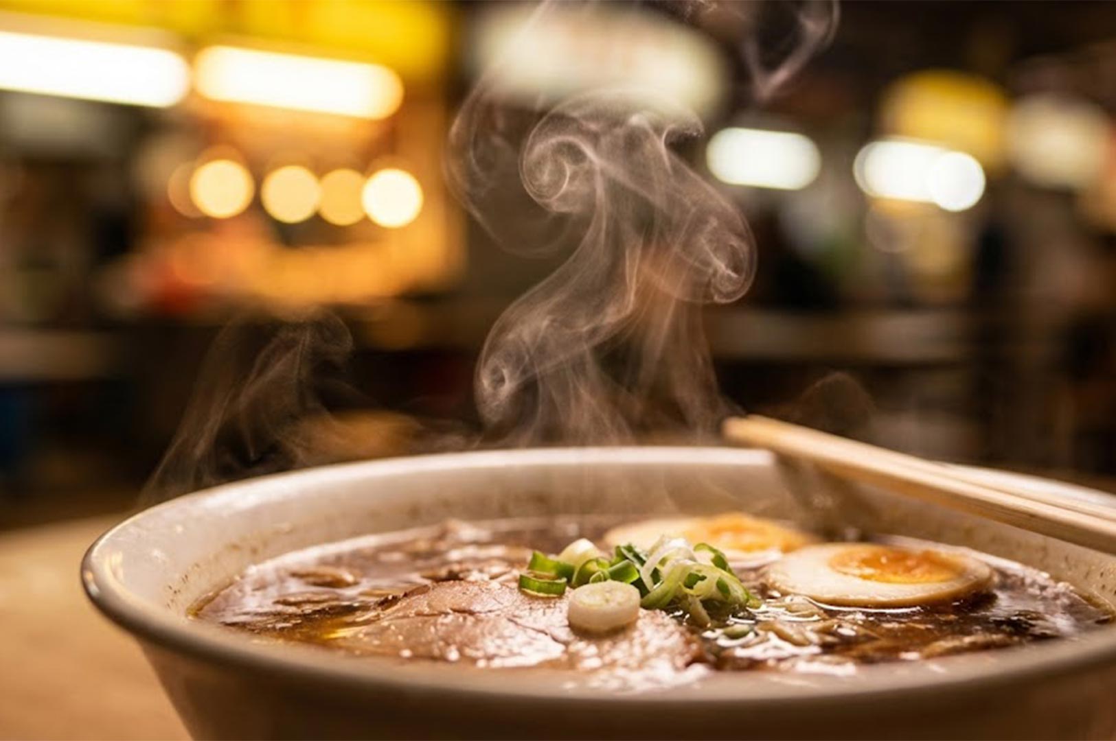 A close-up, appetizing view of a bowl of noodle soup with steam rising from the broth, topped with sliced pork, egg, and green onions.