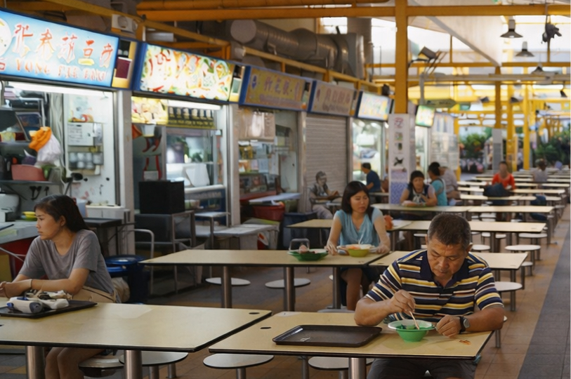 An indoor view of the seating area at 85 Fengshan Centre, showing patrons eating at tables in front of a row of hawker stalls with colorful signage.