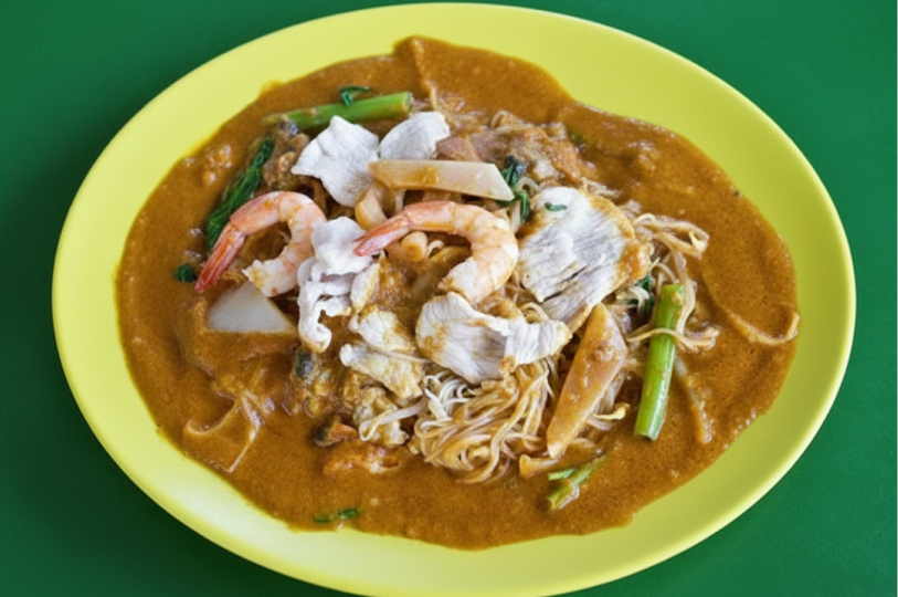 A plate of Satay Bee Hoon featuring rice vermicelli smothered in a thick peanut sauce, topped with prawns, sliced pork, and green vegetables on a yellow plate.