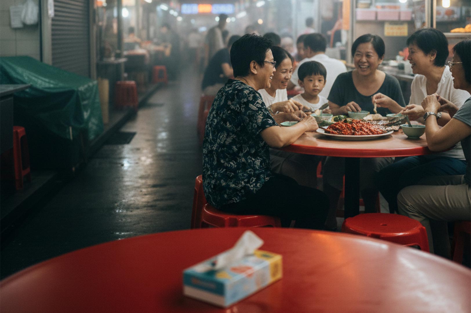 A group of people enjoying a meal at the iconic red round tables inside 85 Fengshan hawker centre at night.