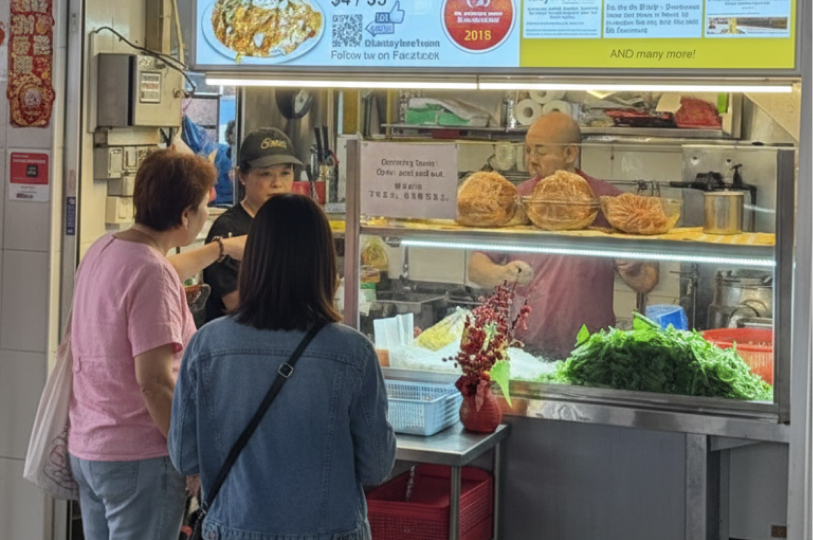 A hawker stall scene where two customers are being served by staff behind a glass display filled with fresh ingredients and bowls of noodles.