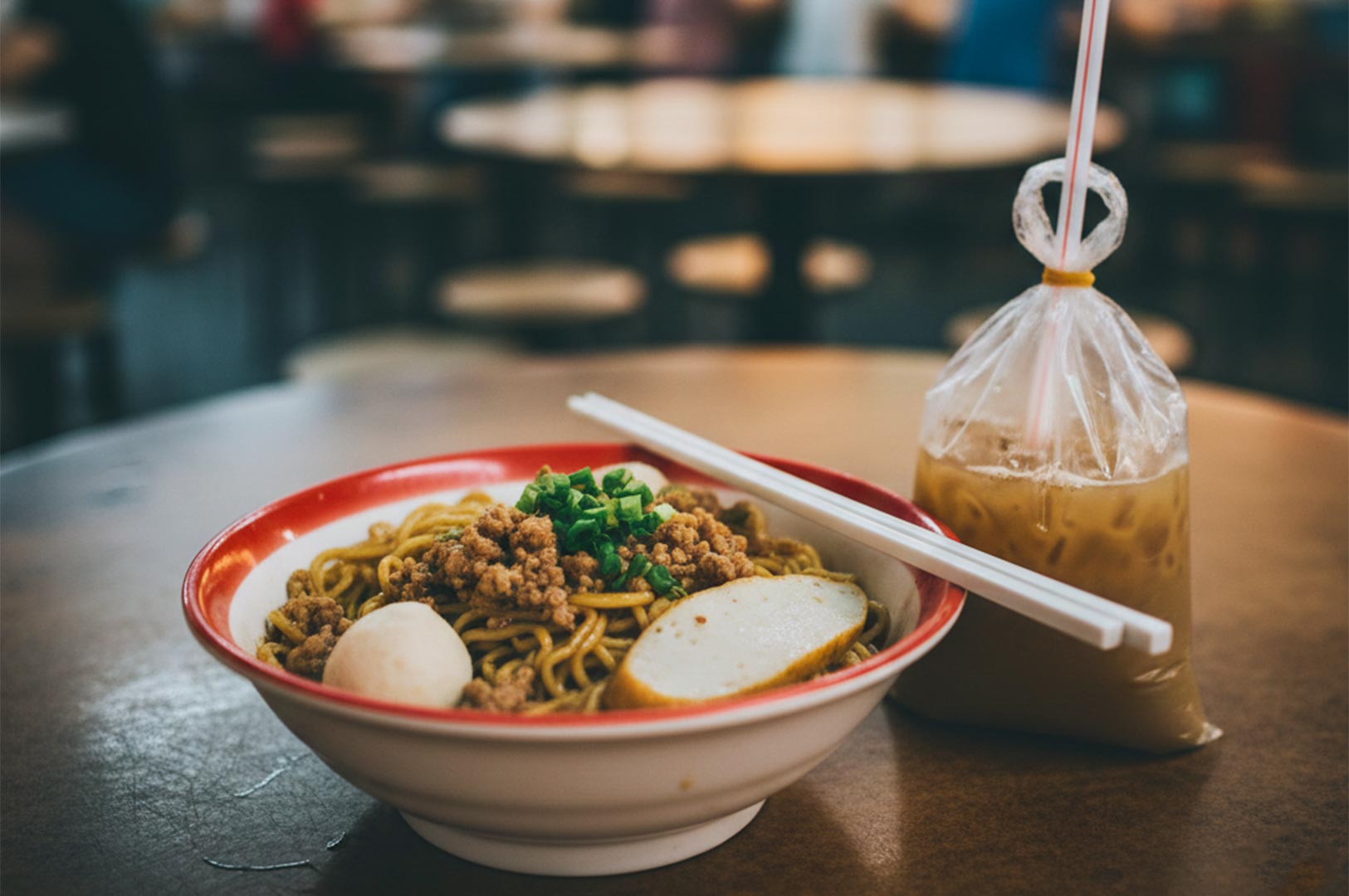A bowl of dry minced meat noodles served with a traditional Singaporean iced coffee in a plastic carrier bag (kopi peng).