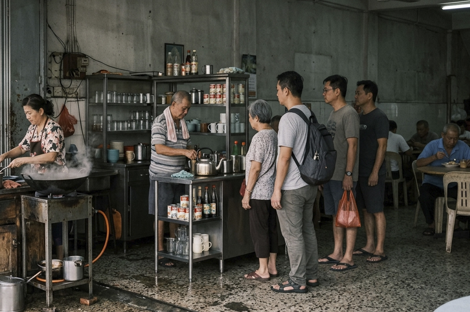 Bustling interior of a rustic, open-air traditional coffee shop or "kopitiam." On the left, a woman in a floral shirt tends to a large, steaming wok on a portable gas stove, while an older man in a striped polo and a white towel around his neck prepares drinks behind a stainless steel counter cluttered with evaporated milk cans, glass jars, and kettles. A patient queue of four people—an elderly woman followed by three younger men in casual attire—stands in the center, waiting to order. The background reveals a dimly lit dining area with weathered concrete walls and patrons seated at round tables, while the speckled grey floor is wet with patches of moisture, adding to the lived-in, authentic atmosphere of the scene.