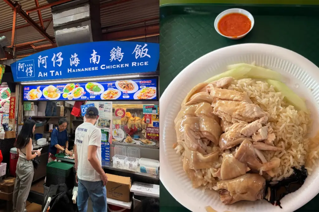 An eye-level, side-by-side split composition showcases a popular food stall and a close-up of its signature dish, representing the file "10 - Maxwell Food Centre 5 Hidden.webp". On the left, a vibrant blue hawker stall sign reads "Ah Tai Hainanese Chicken Rice" in English and Chinese above an illustrated menu, where customers stand at the counter waiting for their food and whole poached chickens hang inside a glass display window. On the right, a detailed overhead shot captures a classic plate of Hainanese chicken rice served on a white plastic plate over a textured green tray. The dish features a generous portion of fragrant, seasoned rice topped with tender, glistening slices of poached chicken, accompanied by pale green cucumber slices tucked along the top rim and a drizzle of dark soy sauce on the side, all paired with a small plastic dish of bright orange chili sauce at the top of the frame.