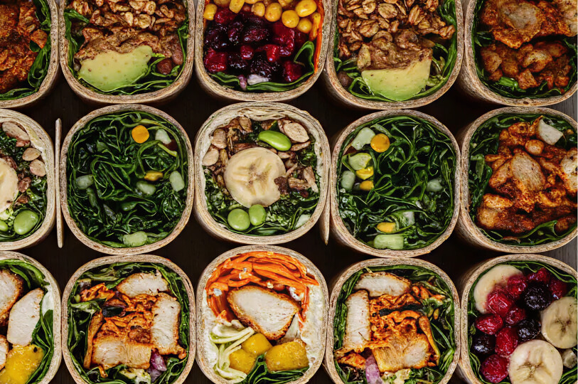 A top-down grid of various wraps and bowls, showcasing diverse ingredients like sliced bananas, berries, grilled chicken, and leafy greens.