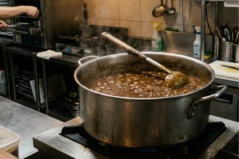 A large stainless steel pot filled with simmering Japanese curry on a commercial kitchen stove.