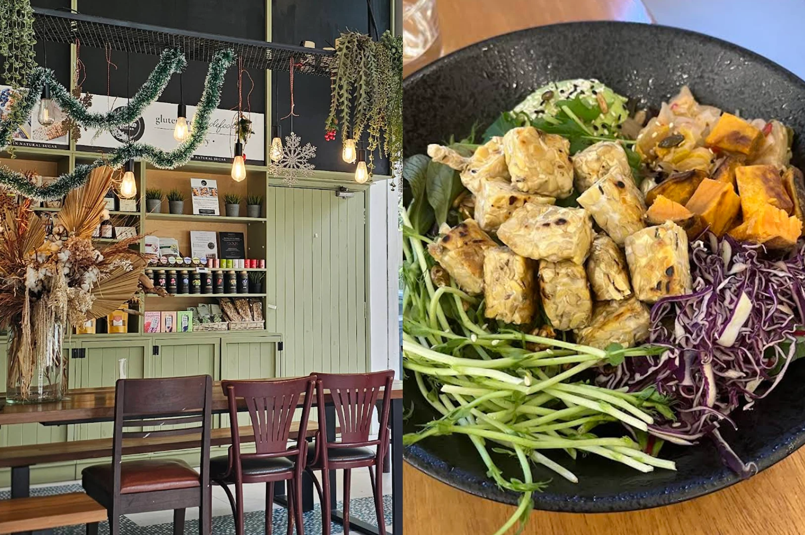 A split image. Left side: The interior of a cozy cafe featuring sage green shelving filled with organic products, hanging Edison bulbs, and festive tinsel. A long wooden table with dark chairs sits in the foreground. Right side: A close-up of a vibrant buddha bowl containing golden-brown tempeh cubes, shredded purple cabbage, roasted sweet potatoes, pea sprouts, and a scoop of mashed avocado topped with sesame seeds.
