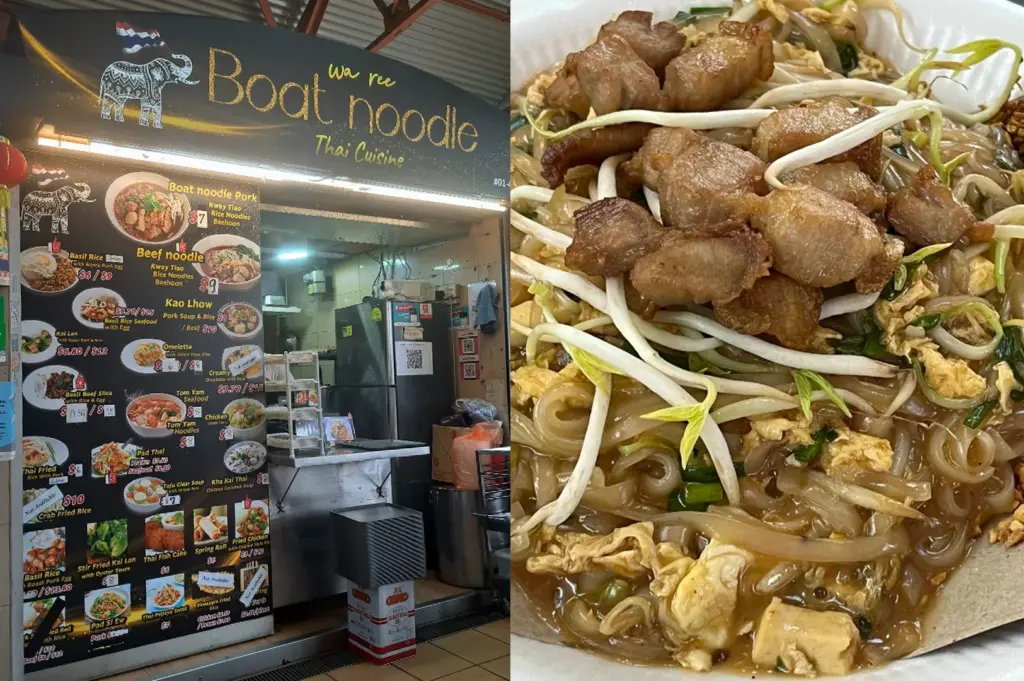 A split-screen view of a Thai food stall and a noodle dish. On the left, the "Wa Ree Boat Noodle" stall is shown under a dark grey sign featuring a white elephant logo and gold lettering. A comprehensive menu with photos of various Thai dishes like Basil Rice and Tom Yum soup covers the left pillar of the stall. The kitchen area behind the counter is visible, showing a stainless steel refrigerator and cooking equipment. The right side is a macro shot of a plate of Pad Thai. The translucent rice noodles are tossed with bean sprouts, scrambled egg, and tofu, topped with several pieces of golden-brown crispy pork belly and fresh green garnishes.