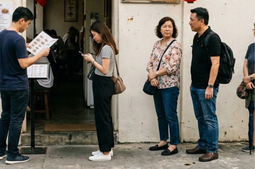 A group of people standing in a queue outside a restaurant; the person at the front is reviewing a menu on a stand.
