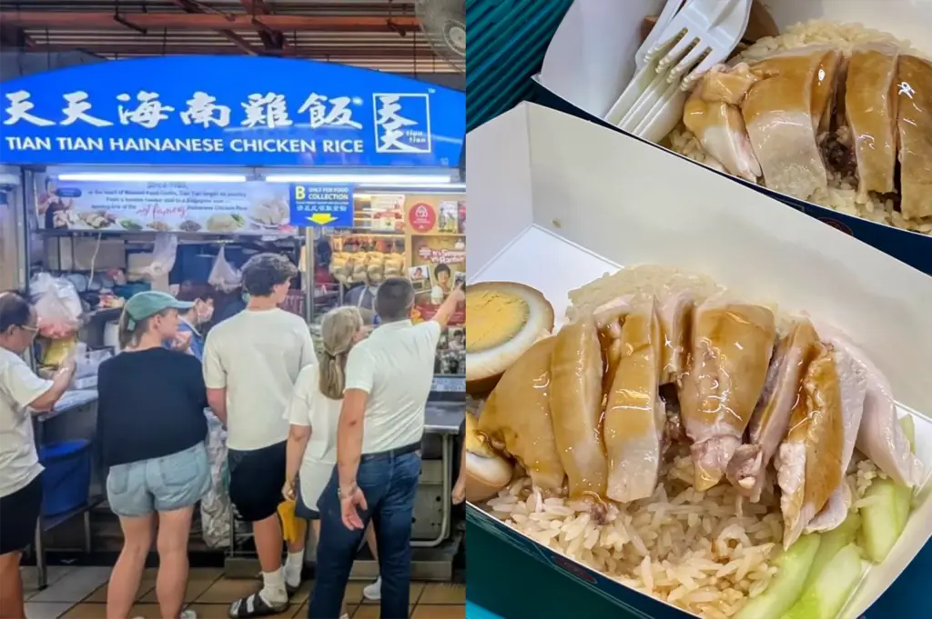 A high-angle, medium shot captures two portions of classic Hainanese chicken rice beautifully arranged in open cardboard takeout boxes, representing the file "9 - Maxwell Food Centre 5 Hidden(2).JPG". Each box contains a generous bed of seasoned, fragrant rice topped with neatly sliced, succulent poached chicken drizzled with a light savory soy sauce. Accompanying the chicken and rice are slices of fresh cucumber tucked along the side and hard-boiled soy sauce eggs cut in half, showcasing their cooked yolks. To the right, a vertical row of small, round plastic dishes filled with a vibrant orange chili sauce lines the bright teal tray, adding a fiery splash of color to the popular street food setup.