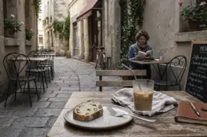 A quiet moment at an outdoor café tucked away in a narrow, cobblestone European alley. In the immediate foreground, a weathered wooden table holds a simple slice of seeded artisanal bread on a ceramic plate, a silver fork, a leather-bound journal with a pen, and a glass of iced coffee resting on a rumpled linen napkin. The mid-ground reveals a row of empty bistro chairs and a lone woman sitting further down the lane, quietly immersed in a book. Muted stone buildings with creeping vines, a parked bicycle, and a handwritten chalkboard menu create an authentic, "slow living" atmosphere, all bathed in the soft, warm glow of natural afternoon light with a shallow depth of field that gently blurs the distant urban background.