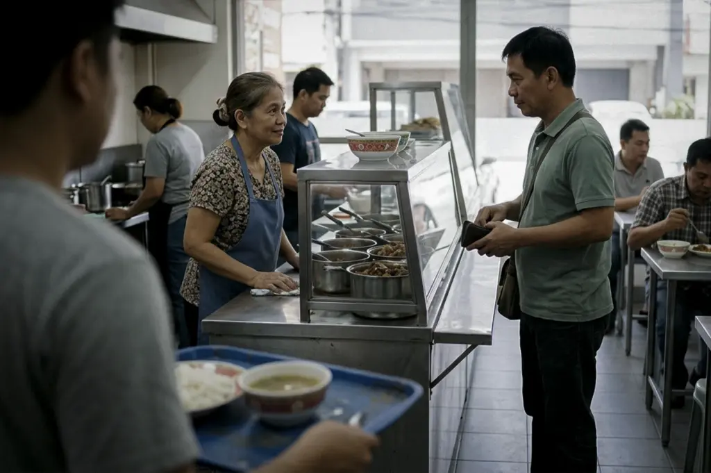 In a brightly lit, modest eatery, an older woman with graying hair tied in a bun and wearing a floral shirt under a blue apron stands behind a stainless steel food counter, sharing a warm, knowing look with a male customer. The man, dressed in a green polo shirt with a crossbody bag, holds his wallet open as he prepares to pay, returning her soft gaze in a moment of quiet connection. In the blurred foreground, a person holds a blue tray with a bowl of soup and rice, while in the background, another kitchen worker and patrons at simple metal tables go about their meal. The scene, captured with a candid, cinematic quality, highlights a routine yet intimate interaction within a bustling local canteen.