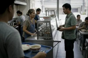 In a brightly lit, modest eatery, an older woman with graying hair tied in a bun and wearing a floral shirt under a blue apron stands behind a stainless steel food counter, sharing a warm, knowing look with a male customer. The man, dressed in a green polo shirt with a crossbody bag, holds his wallet open as he prepares to pay, returning her soft gaze in a moment of quiet connection. In the blurred foreground, a person holds a blue tray with a bowl of soup and rice, while in the background, another kitchen worker and patrons at simple metal tables go about their meal. The scene, captured with a candid, cinematic quality, highlights a routine yet intimate interaction within a bustling local canteen.