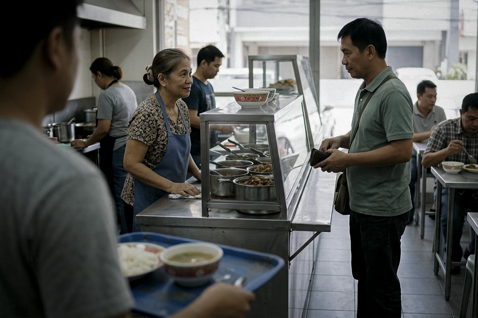 In a brightly lit, modest eatery, an older woman with graying hair tied in a bun and wearing a floral shirt under a blue apron stands behind a stainless steel food counter, sharing a warm, knowing look with a male customer. The man, dressed in a green polo shirt with a crossbody bag, holds his wallet open as he prepares to pay, returning her soft gaze in a moment of quiet connection. In the blurred foreground, a person holds a blue tray with a bowl of soup and rice, while in the background, another kitchen worker and patrons at simple metal tables go about their meal. The scene, captured with a candid, cinematic quality, highlights a routine yet intimate interaction within a bustling local canteen.