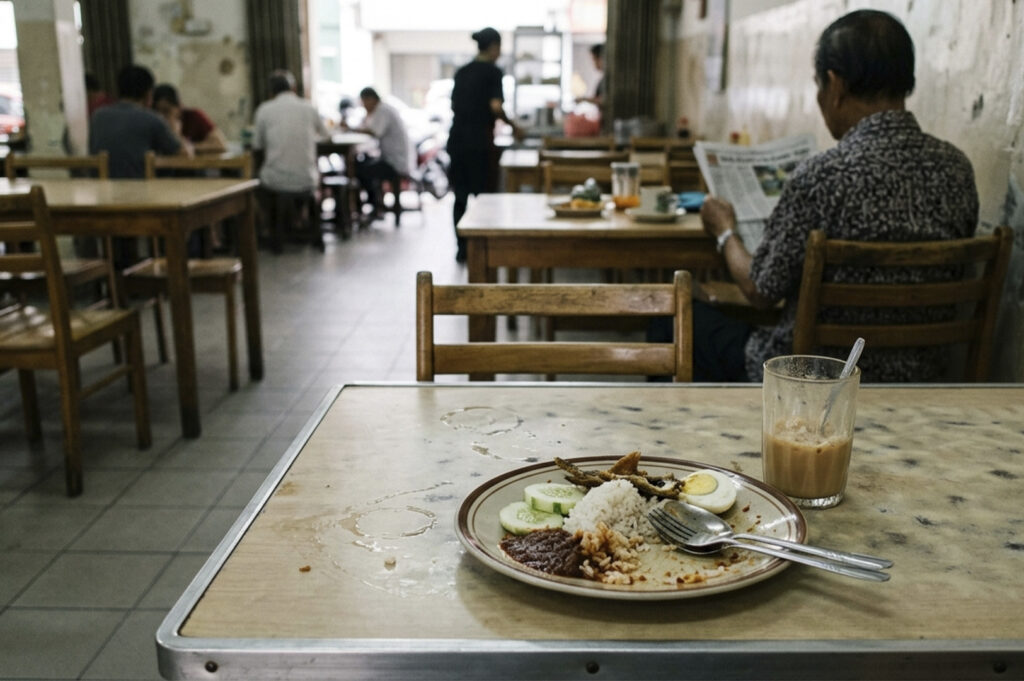 A half-eaten plate of Nasi Lemak and a glass of pulled tea (Teh Tarik) on a weathered, metal-rimmed wooden table in the foreground of a bustling, traditional Southeast Asian kopitiam (coffee shop). The plate holds remnants of coconut rice, sambal, cucumber slices, a hard-boiled egg, and fried anchovies, surrounded by faint condensation rings on the tabletop. In the soft-focus background, the cafe’s interior stretches back with rows of simple wooden furniture where several patrons are seated; notably, an elderly man sits with his back to the camera, intently reading a newspaper. The atmosphere is nostalgic and lived-in, characterized by warm ambient lighting, tiled floors, and the candid, everyday motion of a server moving toward the open storefront in the distance.