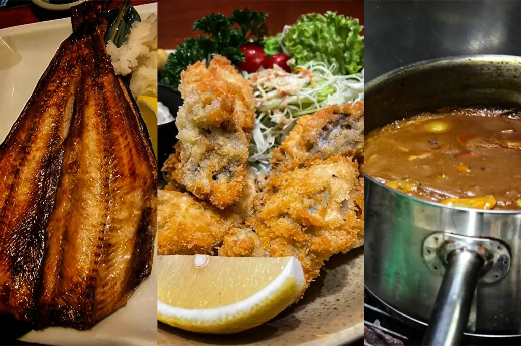 A close-up triptych collage showcases three different elements of a Japanese culinary experience, representing the file "4-Keria Japanese Restaurant.webp". The left panel displays a beautifully grilled, glistening golden-brown whole fish served flat on a plate with a side of grated daikon radish and a lemon wedge. The middle panel features a mound of crispy, deep-fried breaded cutlets or oysters (katsu) garnished with a lemon slice in the foreground and a fresh side salad of shredded cabbage, cherry tomatoes, and parsley in the background. The right panel shows a rich, bubbling dark brown Japanese curry or stew simmering inside a stainless steel pot over a stove, altogether capturing a delicious and diverse spread of traditional comfort foods.