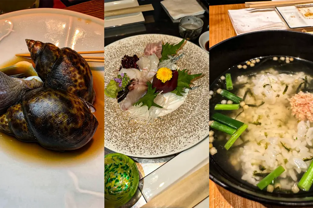 A three-panel collage showcasing Japanese seafood specialties, including grilled sea snails in their shells, a fresh assorted sashimi platter garnished with shredded daikon and edible flowers, and a comforting seafood rice soup with seaweed and spring onions.