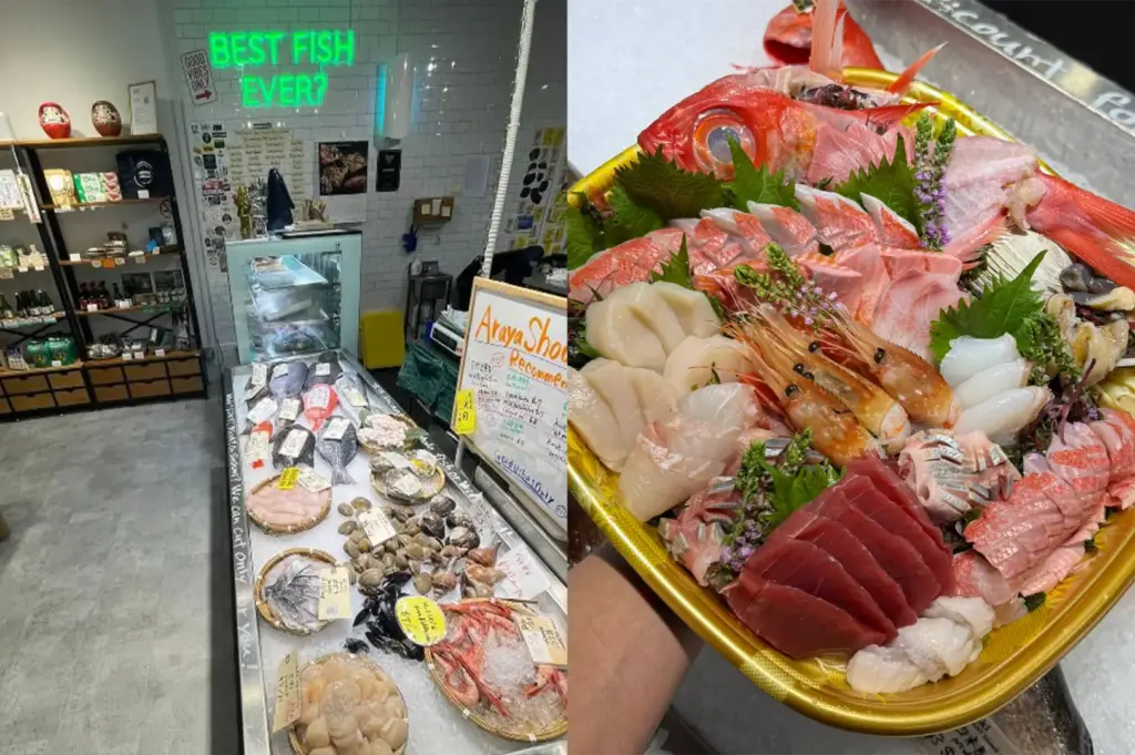 A split image shows a modern seafood market interior on the left with fresh fish and shellfish displayed on iced counters under a green neon sign that reads "BEST FISH EVER?". On the right, a detailed close-up highlights an opulent, overflowing sashimi platter arranged with sliced red snapper, tuna, scallops, sweet prawns, squid, and shiso leaves.