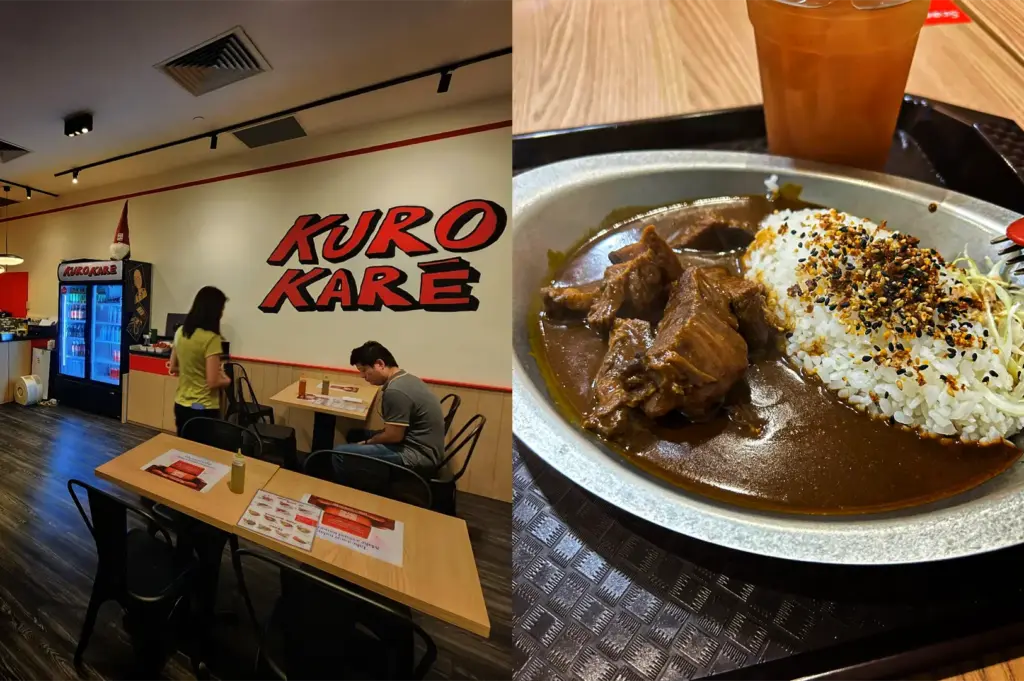 This split-composition image features the interior and a signature meal of a restaurant, representing the file "3-From Hidden Counters to Iconic Eateries 5 Best Japanese Curry.webp". On the left side, an eye-level shot shows a casual dining area with light wood tables, black metal chairs, and dark wood floors, while the far wall displays a large "KURO KARE" logo in bold red and black lettering next to a glowing beverage refrigerator. On the right side, a close-up high-angle shot highlights a plate of rich, dark Japanese curry served in a stainless steel oval dish, featuring tender chunks of slow-cooked beef paired with white rice topped with furikake seasoning and a small side of shredded cabbage. The meal rests on a textured brown tray alongside an iced orange-colored beverage, capturing an authentic and hearty dining experience.