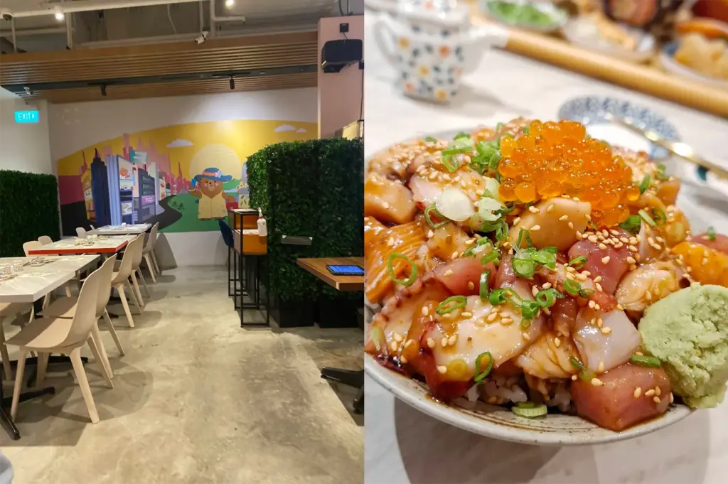 A split image shows a dining space with light wood chairs and a vibrant cartoon mural on the left. On the right, a detailed close-up highlights a bowl of chirashi don overflowing with diced octopus, salmon, and tuna, topped with glossy ikura, sesame seeds, chopped scallions, and a dollop of wasabi.