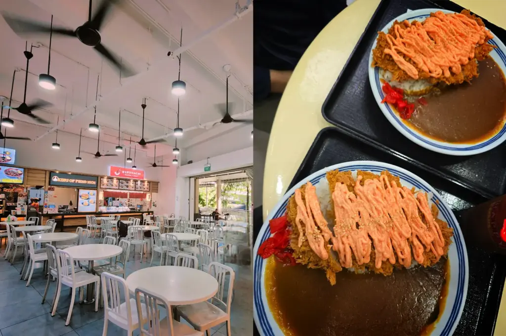 This split-composition image features the interior and a signature meal of an eatery, representing the file "4-From Hidden Counters to Iconic Eateries 5 Best Japanese Curry.webp". On the left side, a wide eye-level shot captures a spacious food court or casual dining area filled with numerous round white tables and matching white chairs under high white ceilings equipped with modern black pendant lights and spinning ceiling fans, with food stalls visible in the background. On the right side, a high-angle close-up highlights two identical plates of Japanese curry served on black trays. Each dish consists of a smooth, dark curry sauce paired with white rice, topped with a deeply fried, golden-brown katsu cutlet that is generously zig-zagged with a pink, creamy mentaiko or spicy mayo sauce and garnished with red pickled ginger on the side.
