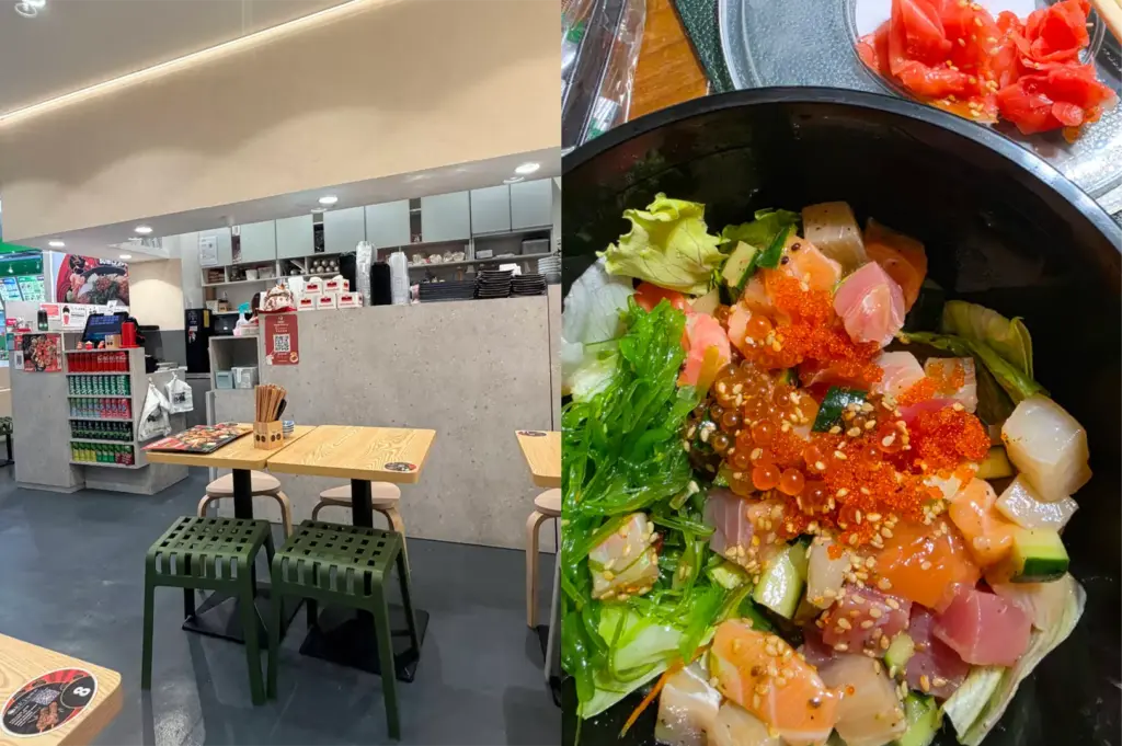 A split image presents a modern casual restaurant setting on the left with light wood tables, dark green mesh stools, and an order counter. On the right, a detailed close-up shows a vibrant sashimi salad bowl filled with mixed greens, chuka wakame, diced raw fish, cucumber, and a generous topping of ikura, tobiko, and sesame seeds.