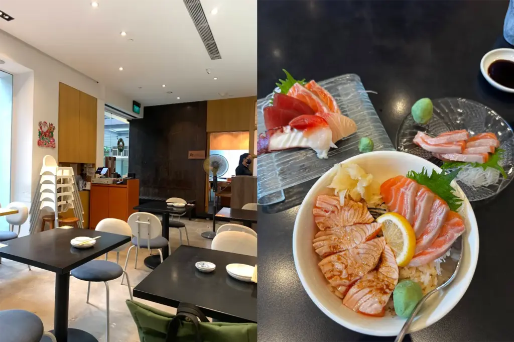 A split image displays a modern, minimalist Japanese restaurant dining space on the left with black tables and rounded white-and-grey chairs. On the right, a detailed close-up shows a salmon don bowl with fresh and aburi salmon slices over rice, accompanied by separate glass platters of raw tuna, octopus, and salmon sashimi.