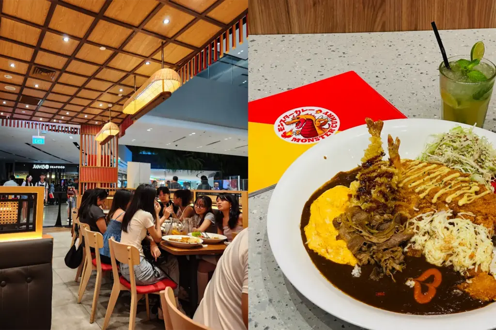 This split-composition image showcases both the dining atmosphere and a massive signature dish of a restaurant, representing the file "6-From Hidden Counters to Iconic Eateries 5 Best Japanese Curry.webp". On the left side, an eye-level shot captures a group of young patrons seated at a wooden table inside a brightly lit mall restaurant, which features a decorative coffered wooden ceiling and warm woven pendant lights, with an open view of the mall corridor and a "Jumbo Seafood" sign in the background. On the right side, a high-angle close-up highlights a massive white rimmed plate filled with an indulgent Japanese curry feast, featuring dark curry sauce, white rice, a fluffy yellow omelet, thinly sliced beef, two crispy tempura prawns, a golden-brown katsu cutlet drizzled with mayonnaise, a melted cheese topping, and a side of shredded cabbage. The giant plate sits on a grey speckled table next to a red-and-yellow "Monster Curry" menu and a tall glass of an iced green beverage garnished with lime and mint.