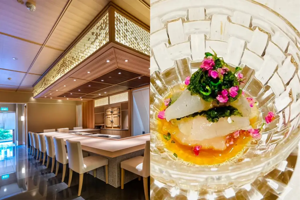 A split image features an elegant, upscale Japanese omakase dining room with a pristine wooden chef's counter and glowing overhead architectural light fixtures on the left. On the right, a detailed close-up highlights a delicately arranged dish of translucent white fish sashimi served in a clear cut-glass bowl, garnished with green herbs, vibrant pink edible flowers, and a golden citrus ponzu sauce.