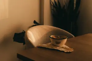 A small floral bowl rests on a folded cloth atop a wooden table, bathed in soft, warm sunlight. In the background, a beige upholstered dining chair and a tall indoor plant stand against a muted wall in a quiet corner.