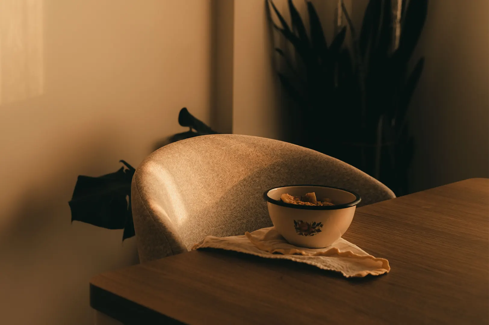 A small floral bowl rests on a folded cloth atop a wooden table, bathed in soft, warm sunlight. In the background, a beige upholstered dining chair and a tall indoor plant stand against a muted wall in a quiet corner.