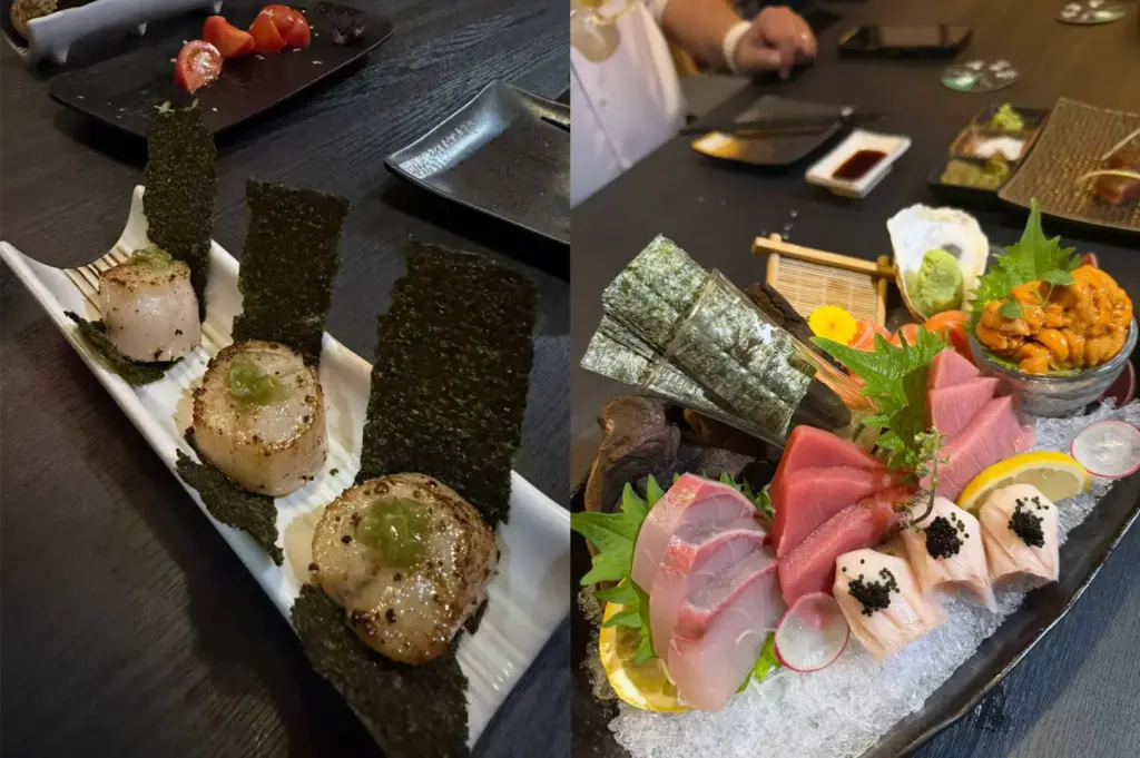 This split image displays three seared scallops topped with green paste and resting on sheets of nori seaweed on the left. On the right, a vibrant platter of fresh sashimi is beautifully arranged over a bed of crushed ice, featuring sliced tuna, salmon, white fish topped with caviar, and a small bowl of uni.