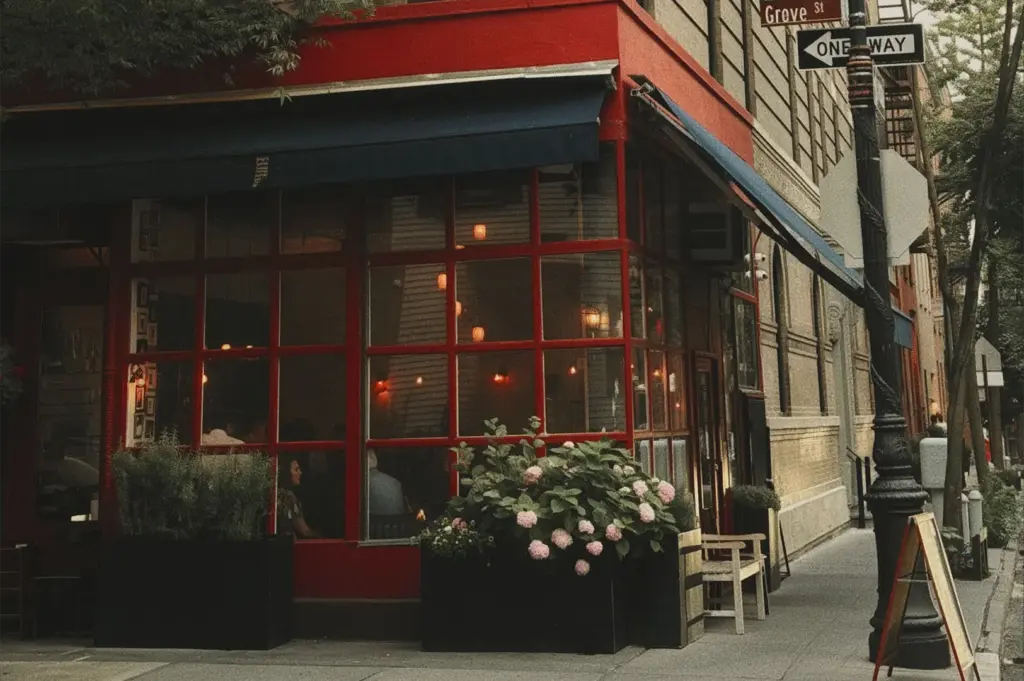 A charming corner bistro framed in bold red window trim and dark blue awnings glows with warm interior lighting on a quiet city street. Large planter boxes with lush pink hydrangeas decorate the sidewalk in front of the glass facade, near a "Grove St" street sign and black lamppost.