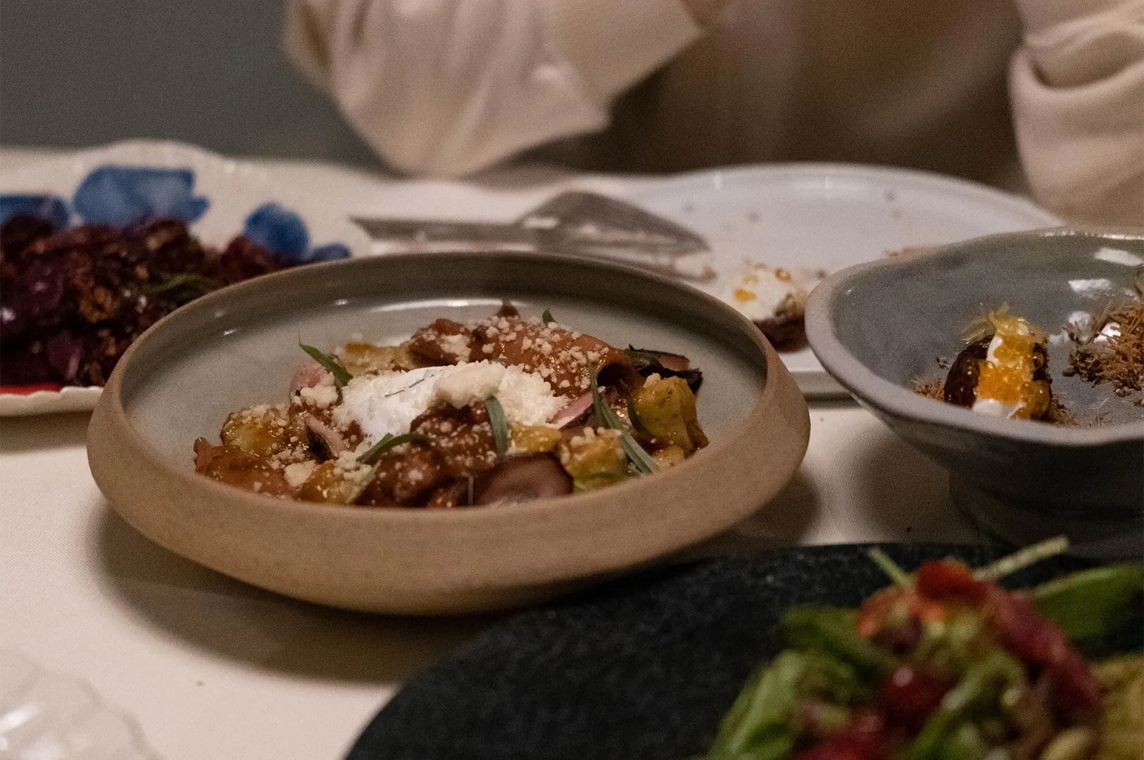 A shallow ceramic bowl featuring a gourmet pasta or ragù dish topped with dollops of white cream, grated cheese, and fresh microgreens takes center stage on a dinner table. Surrounding ceramic serving plates present artfully plated appetizers with roe, garnishes, and vibrant side dishes under soft, ambient lighting.