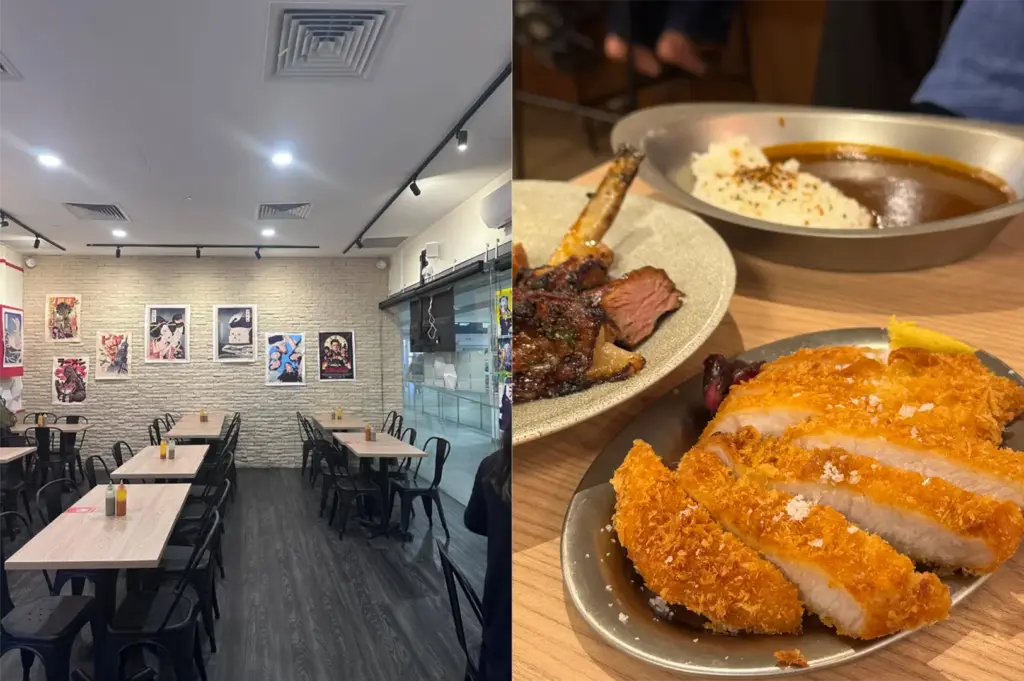 A split image shows a casual dining area on the left with light wood tables, black metal chairs, and pop-art posters framed on a white brick wall. On the right, a close-up highlights a golden-brown, sliced tonkatsu cutlet on a metal dish, served alongside grilled chops and a platter of curry with rice.
