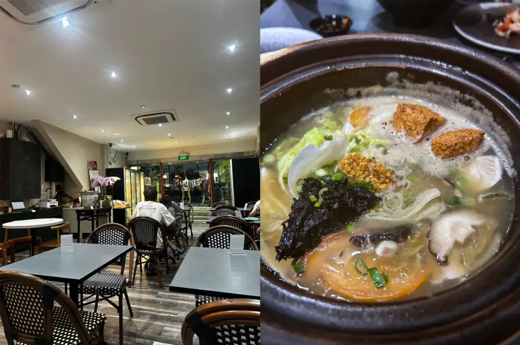 A split image shows a relaxed indoor dining hall with dark tables, woven rattan chairs, and warm spotlighting on the left. On the right, a close-up highlights a bubbling claypot soup filled with fresh greens, mushrooms, sliced tomatoes, fried tofu puffs, and dark seaweed garnished with crispy garlic.