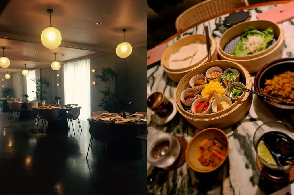 A split image shows a dimly lit, sophisticated dining area on the left with round tables, rattan chairs, and glowing spherical pendant lights. On the right, a detailed view captures a spread of popiah DIY ingredients in bamboo steamers alongside condiments, side dishes, and drinks set on a marble table.