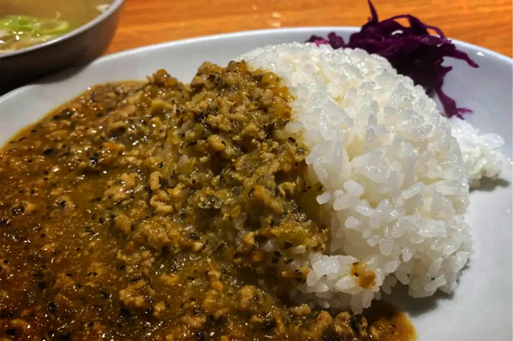 A close-up, angled shot captures a detailed view of a Japanese curry dish served on a white oval plate, representing the file "4-Where Japanese Curry Meets Cozy.webp". A mound of fluffy white rice occupies the right side of the plate, partially covered by a thick, textured keema-style curry sauce made with finely minced meat, herbs, and spices that flows across the left side. A vibrant heap of shredded purple cabbage or pickled red cabbage rests on the edge of the plate in the upper right corner as a garnish, while a small bowl containing a clear broth with sliced green onions is softly blurred in the upper left background, all resting on a warm, wooden tabletop.