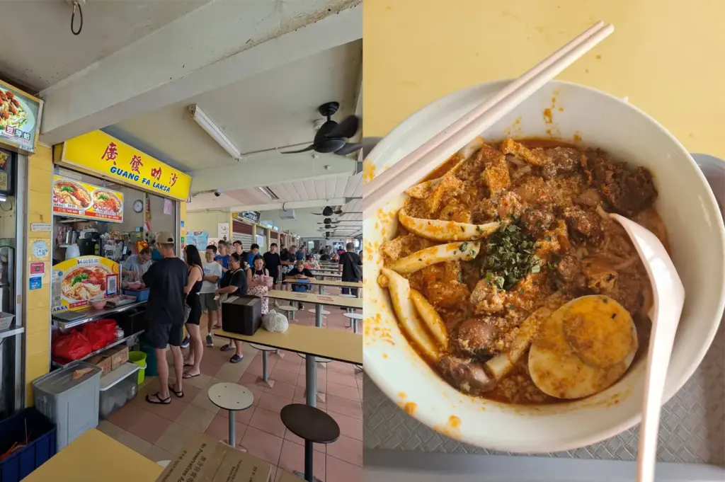 A split image shows patrons queuing at Guang Fa Laksa in a bustling hawker center on the left. On the right, a detailed close-up presents a rich, aromatic bowl of laksa filled with spicy coconut broth, fish cake slices, tau pok, cockles, and a hard-boiled egg half, garnished with chopped laksa leaves.